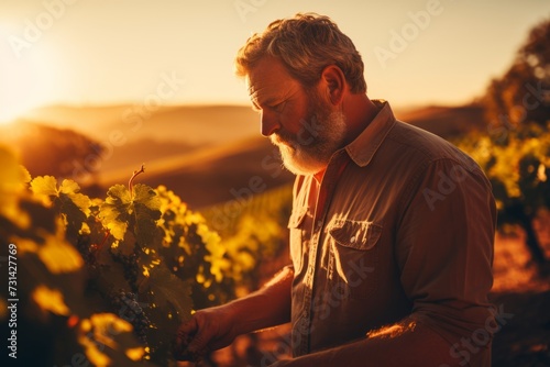 A passionate winemaker appreciating the quality of his recent vintage in the serene setting of his vineyard under the sunset photo
