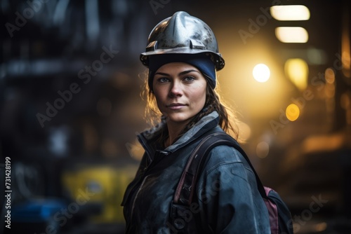 Empowered in Iron: A Woman Steelworker's Determined Gaze Amidst the Industrial Chaos © aicandy