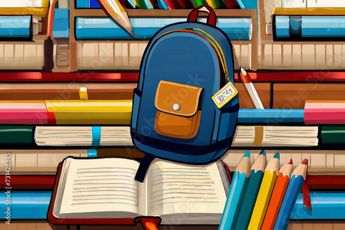 Back to school essentials. Backpack, books, notebooks, pencils, and more in a vibrant illustration. Get ready for a successful year.