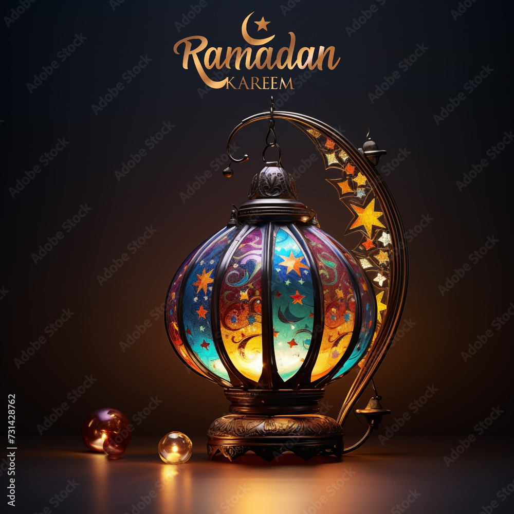 Ramadan card with a colorful Arabic lamp and the inscription Ramadan Kareem, generative AI