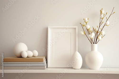 Magnolia kobus flower bud with white vase frame books on shelf white background photo
