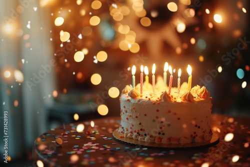 Close-up of a birthday cake with lit candles, soft focus on the background decorated with twinkling lights and confetti, warm indoor lighting for a cozy and magical birthday ambiance