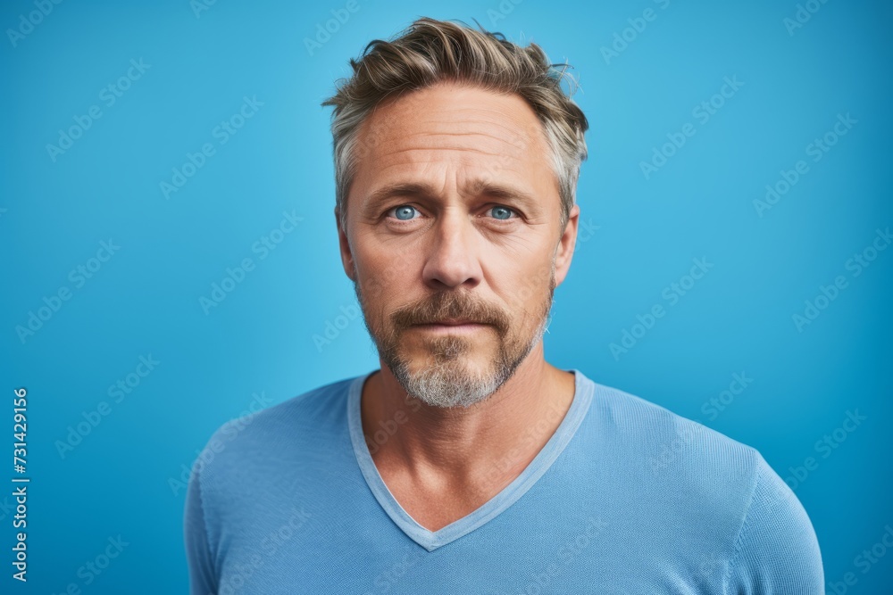 Portrait of a handsome middle-aged man on blue background. Portrait of a handsome middle-aged man on blue background.
