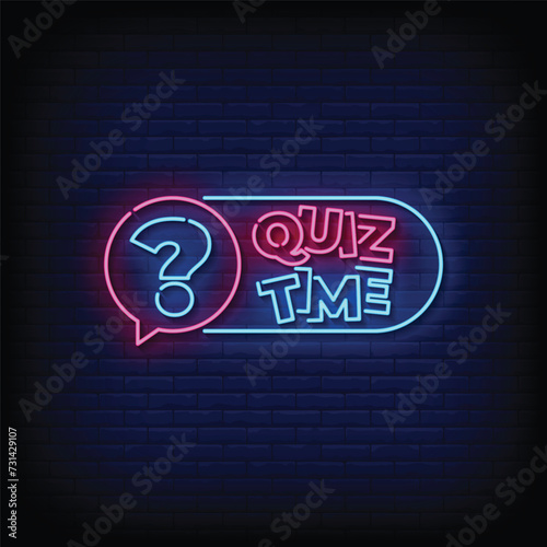 Neon Sign quiz time with brick wall background vector