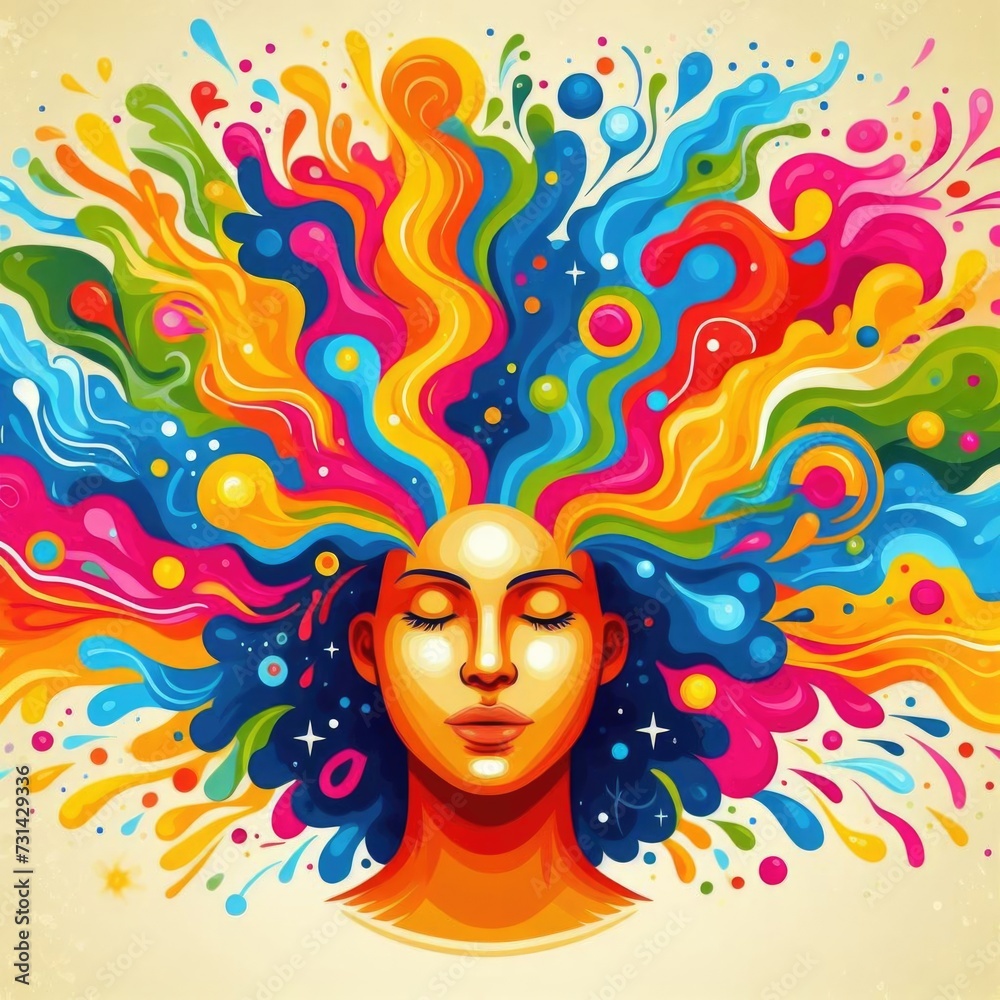 vibrant and colorful illustration of a person with their eyes closed and a peaceful expression, surrounded by an explosion of colors and shapes emanating from their head