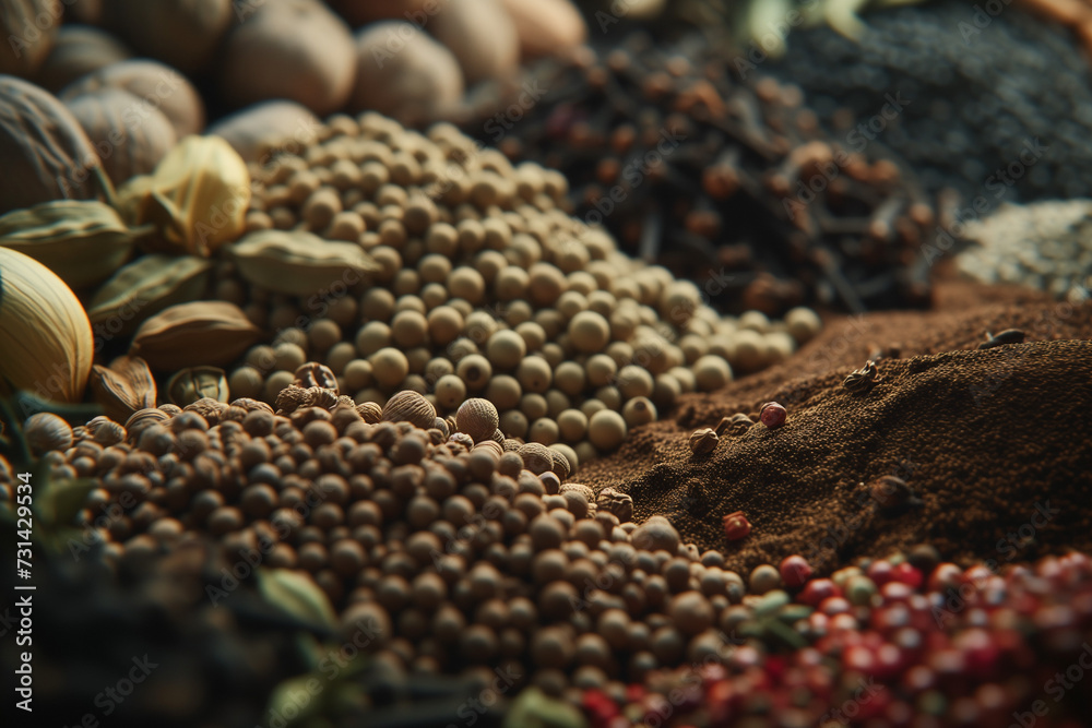Close-up of various spices and herbs with detailed texture, showcasing the vibrant colors and rich aromas of natural seasonings Close-up of various spices and herbs with detailed texture, showcasing the vibrant colors and rich aromas of natural seasonings