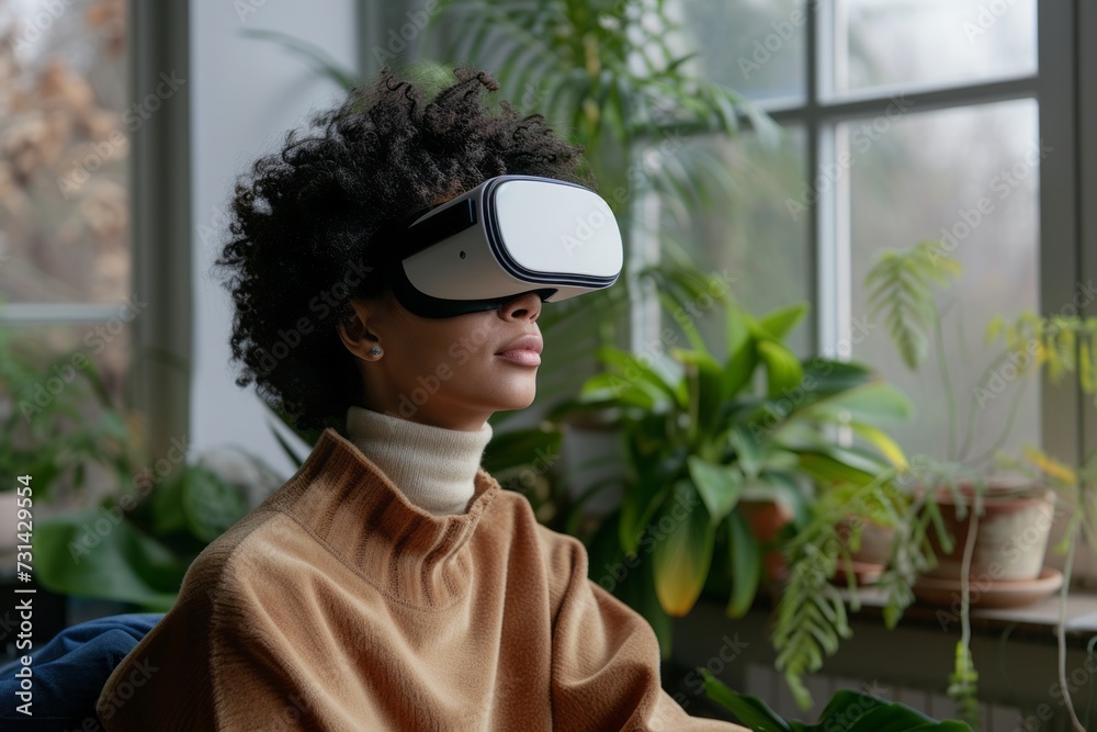 Young Woman Experiencing Virtual Reality at Home, A young woman immersed in a virtual reality experience, wearing a VR headset in a room filled with plants. Young Woman Experiencing Virtual Reality at Home, A young woman immersed in a virtual reality experience, wearing a VR headset in a room filled with plants.
