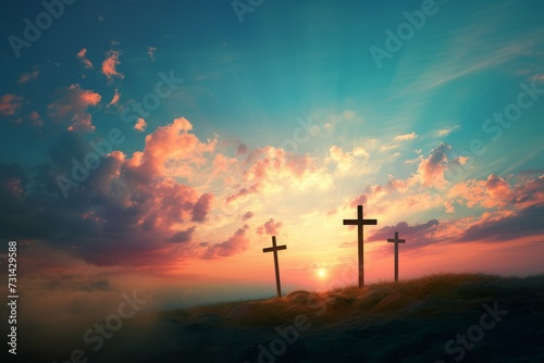 Heavenly Sky with Three Crosses, Three crosses reaching towards a heavenly sky, painted with vibrant colors and a dreamlike quality.