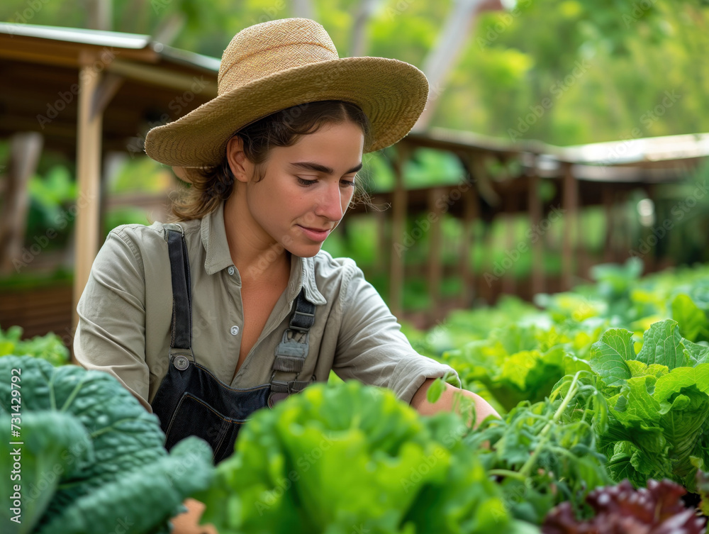 The young female farmer is evaluating the condition of vegetables on a fertile farm