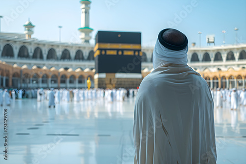Man in pilgrim performing haj or umrah in front of kaaba, mecca. Religious pilgrimage and worship in Islam. photo