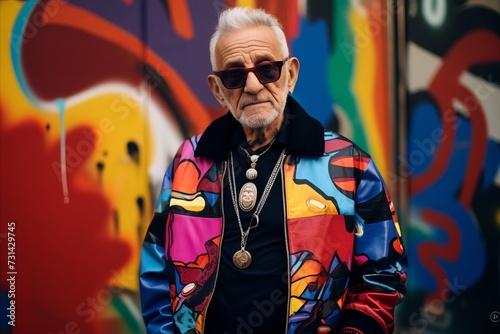 Portrait of an elderly man in a colorful jacket and sunglasses.