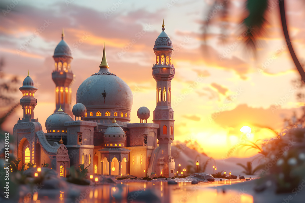 A 3D rendering of a Ramadan background, suitable for Islamic holidays and events.