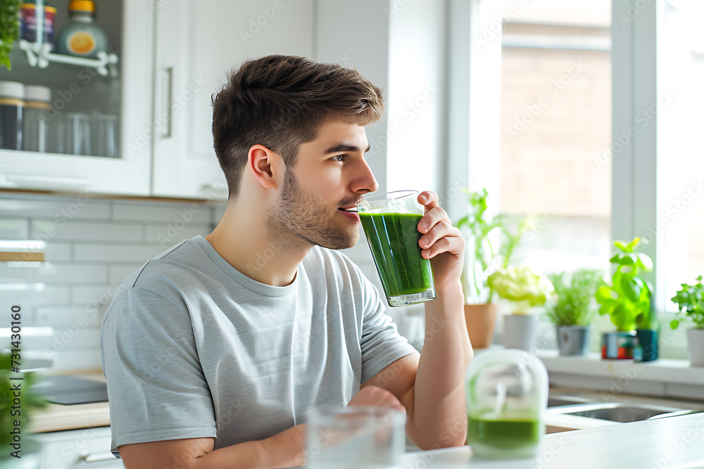 Young Man Enjoying a Spirulina Drink. A young man in a light grey t-shirt is about to sip a freshly made glass of green spirulina drink in a bright, plant-filled kitchen Young Man Enjoying a Spirulina Drink. A young man in a light grey t-shirt is about to sip a freshly made glass of green spirulina drink in a bright, plant-filled kitchen