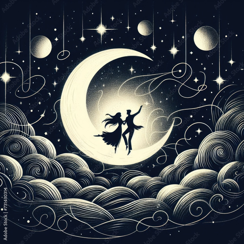 whimsical and romantic illustration set against a starry night sky. Two silhouetted figures are dancing on a crescent moon amidst the stars