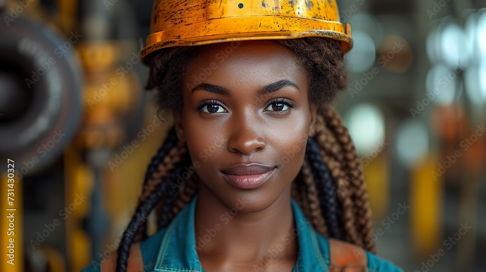 A black female worker wearing a protective helmet to ensure her safety while working. A black female worker in uniform on the platform of the oil rig. A black female worker wearing a protective helmet to ensure her safety while working. A black female worker in uniform on the platform of the oil rig.