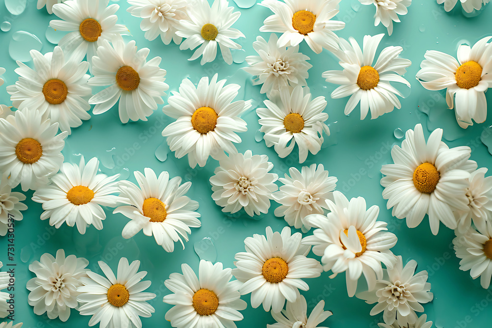 White Daisies on Turquoise with Water Droplets. A vibrant collection of white daisies with golden centers spread across a teal-colored backdrop, symbolizing freshness and nature. Top view. 