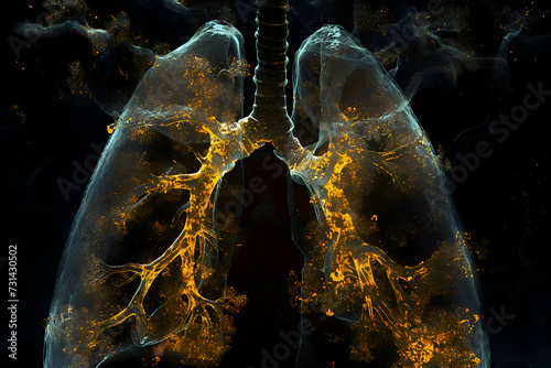 Illustration of MRI scan image of lungs with fibrosis highlighting the fibrotic changes and structural abnormalities.