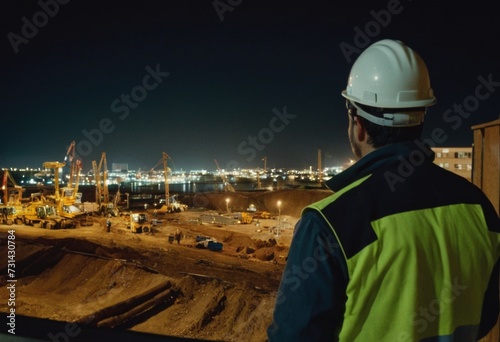 worker in safety gear observing a construction site at night.