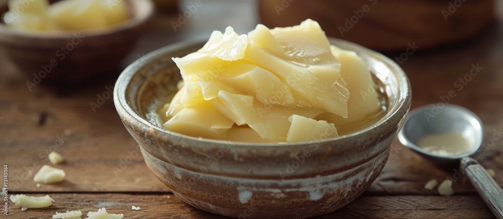 A comforting dessert dish consists of a bowl of butter placed on a wooden table with a spoon nearby. A comforting dessert dish consists of a bowl of butter placed on a wooden table with a spoon nearby.
