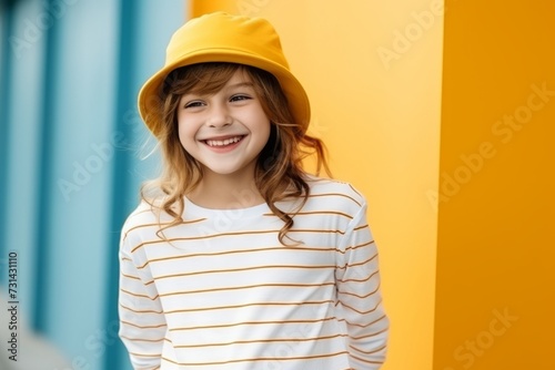 Portrait of a smiling little girl in a yellow hat on a colorful background