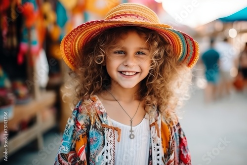 Portrait of a cute little girl with curly hair wearing a hat