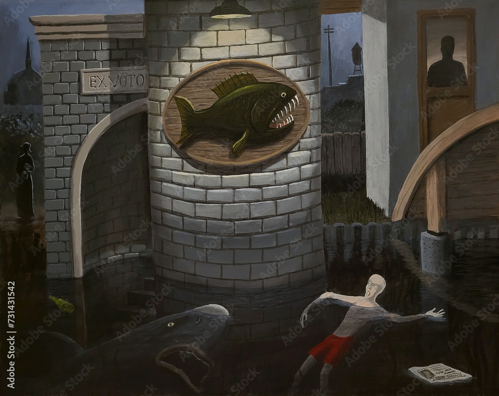 Strange eerie painting of a man in dark water about to be attacked by a