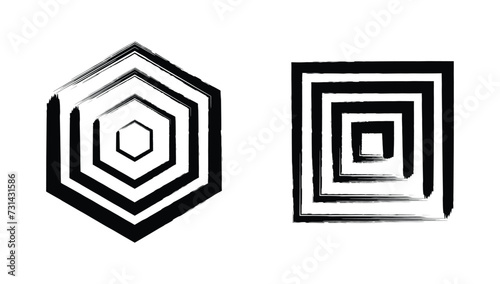 Black geometric hexagon and Square stripes brush stroke line decorative element