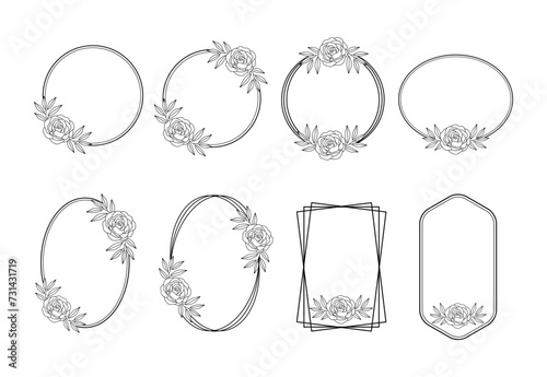 Circlular and round shape frame decorated with rose flower outline vector set photo