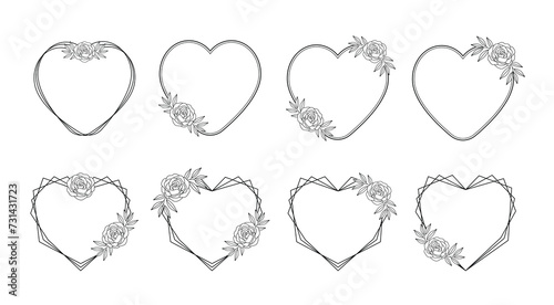 Heart frame decorated with rose flower outline vector set