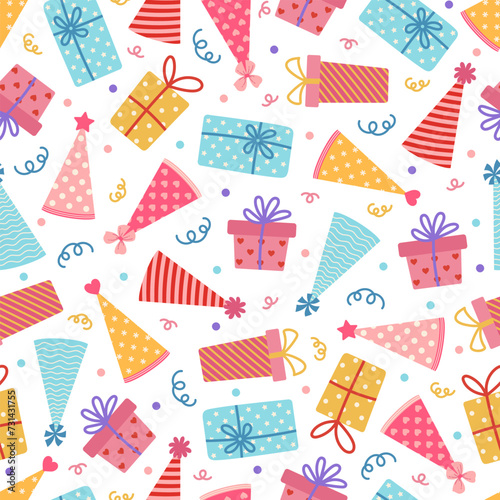 Birthday party seamless vector pattern. Colorful gift boxes, paper cone hats, confetti. Surprise for a holiday, anniversary, festival. Congratulations, celebration of the event. Cartoon background