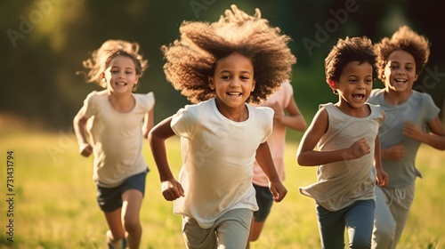 Playful children having fun while running in autumn day at the park.