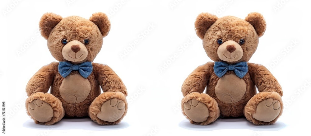 Two brown teddy bears with bowties sit side by side on a white background, showcasing their fawn-colored fur and snouts. Two brown teddy bears with bowties sit side by side on a white background, showcasing their fawn-colored fur and snouts.