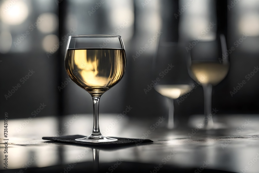 An empty white wine glass on a coaster, reflecting ambient light.
