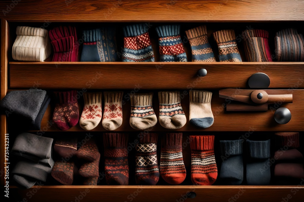A set of wool socks in assorted patterns, neatly organized in a wooden drawer, with soft lighting highlighting their textures.