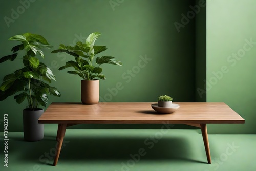 A minimalist wooden coffee table with a potted plant on top against a serene green wall.