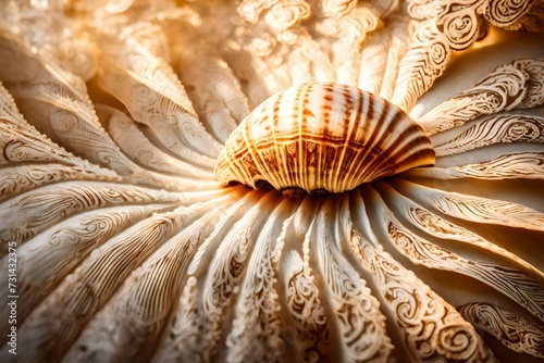 Intricate patterns on a delicate seashell, highlighted by soft sunlight.