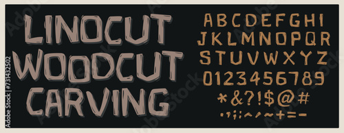 Vintage woodcut typographic font. Highly detailed individually textured characters with an aged vintage linocut print texture. Unique Design Font