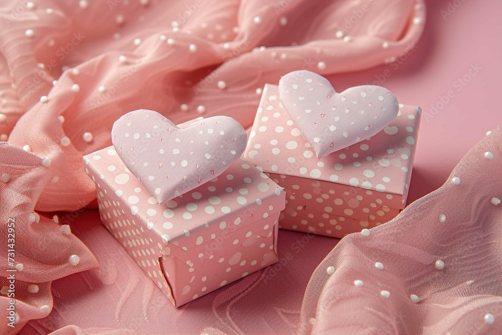 Cute gift boxes with paper hearts on romantic pink background, in the style of shaped canvas, romanti Cute gift boxes with paper hearts on romantic pink background, in the style of shaped canvas, romanti