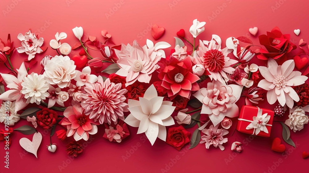 Floral flower bouquet with presents and hearts on pink background, in the style of light white and red Floral flower bouquet with presents and hearts on pink background, in the style of light white and red