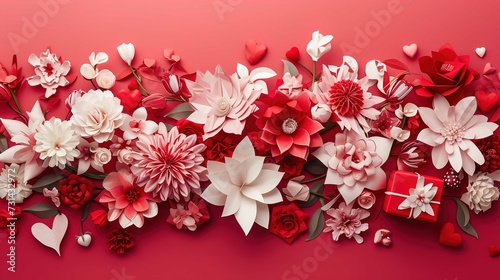 Floral flower bouquet with presents and hearts on pink background, in the style of light white and red © Huong