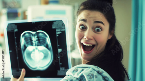 喜びの表情：女性が健康的な妊娠結果に喜びを示す photo