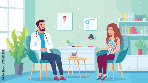 Therapist listening to patient in office. 2D