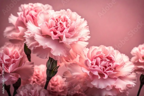 A cluster of pink carnation flowers  their ruffled petals and sweet fragrance adding a touch of femininity against a soft pink background.