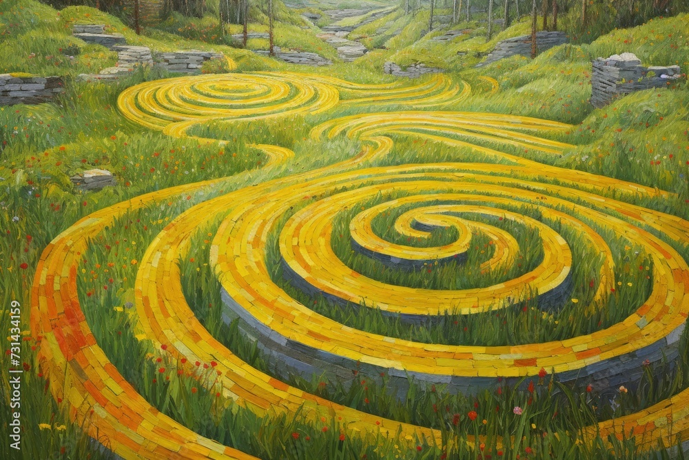 Endless Lawn, Visually Captivating Intricate Design Inspired by Labyrinths, Neo-Impressionist Paintings, and Drawings. Seamless Landscape Oil Painting Canvas, Pointillism and Divisionism Endless Lawn, Visually Captivating Intricate Design Inspired by Labyrinths, Neo-Impressionist Paintings, and Drawings. Seamless Landscape Oil Painting Canvas, Pointillism and Divisionism