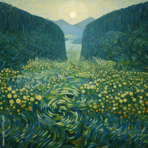 Garden Field of Yellow Flowers, Landscape Drawing in Oil Painting Style. Endless Labyrinths, Neo-Impressionist Paintings, and Drawing Canvas with Pointillism and Divisionism photo