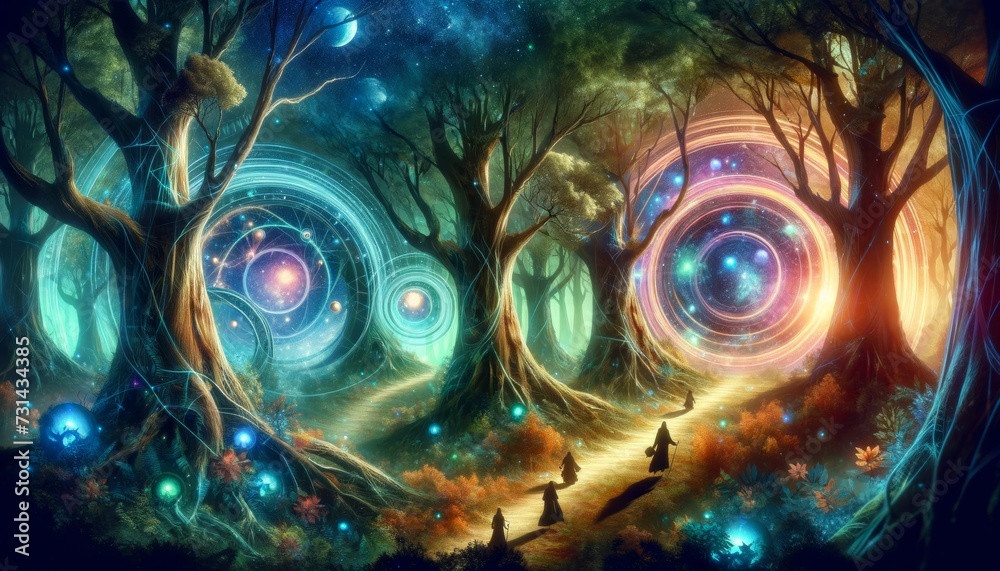 An enchanted forest with celestial portals and wandering mages An enchanted forest with celestial portals and wandering mages
