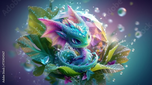A mystical dragon hatchling nestled within vibrant, crystal-laden flora