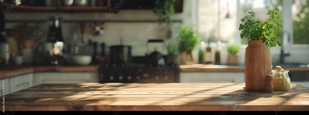 The morning sun shines on the wooden table in the kitchen, Generative AI The morning sun shines on the wooden table in the kitchen, Generative AI