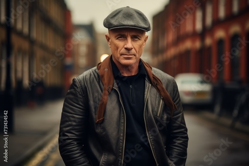Portrait of a senior man wearing a cap and leather jacket in the city. © Inigo