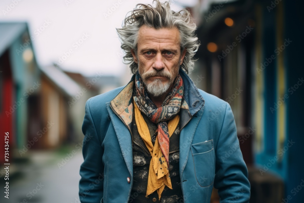 Portrait of a handsome senior man with long gray hair and beard, wearing a blue jacket, standing on the street, looking at the camera.